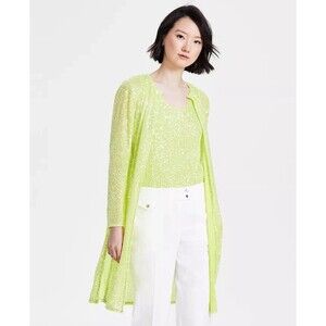 Anne Klein Women's Sequinned Long Side-Slit Cardigan, Sprout, S